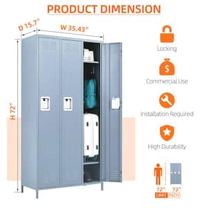 35.43 in. W x 72 in. H x 15.7 in. D Lockable Freestanding Cabinets with 3 doors for School,home and Gym in Light Grey