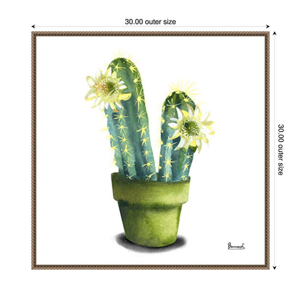 Cactus Flowers II Green and Yellow Canvas Print with Bronze Frame
