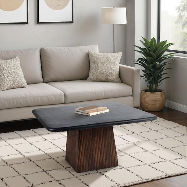 32 in. Brown Square Marble Top Coffee Table with Ribbed Base