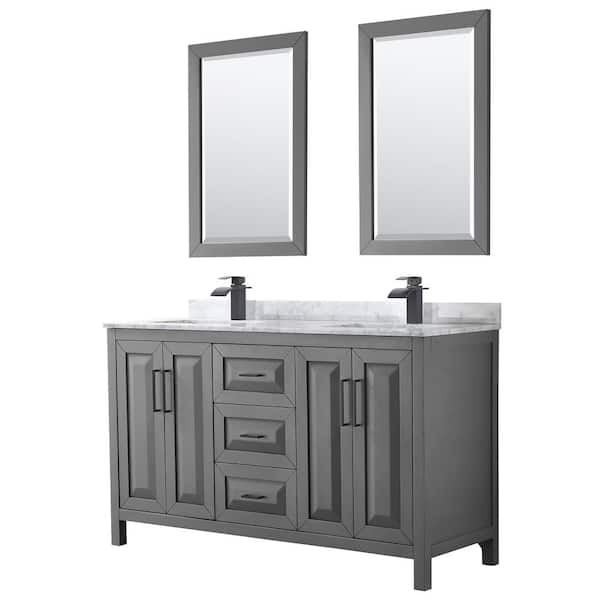 Wyndham Collection Daria 60 in. W x 22 in. D x 35.75 in. H Double Bath Vanity in Dark Gray with White Carrara Marble Top and 24 in. Mirrors