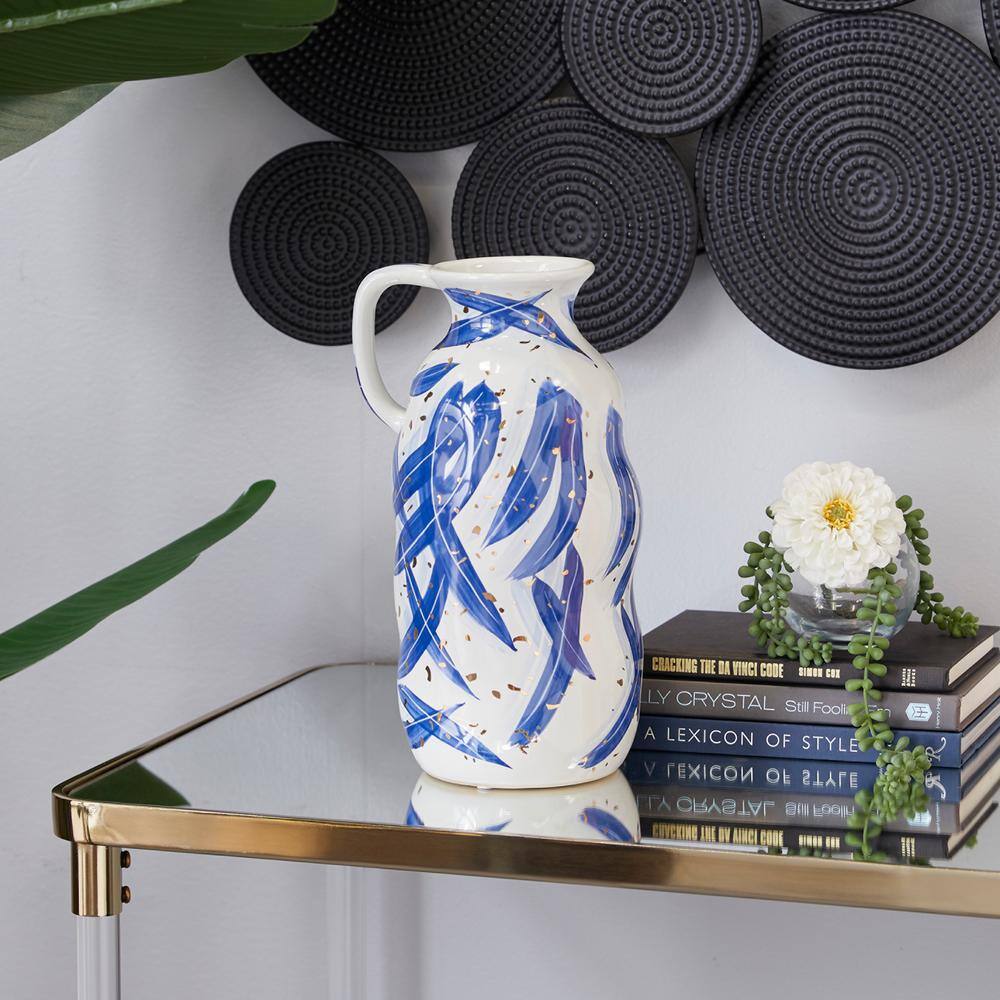 Contemporary Blue Ceramic Vase with Gold Flecks, 7" x 13"