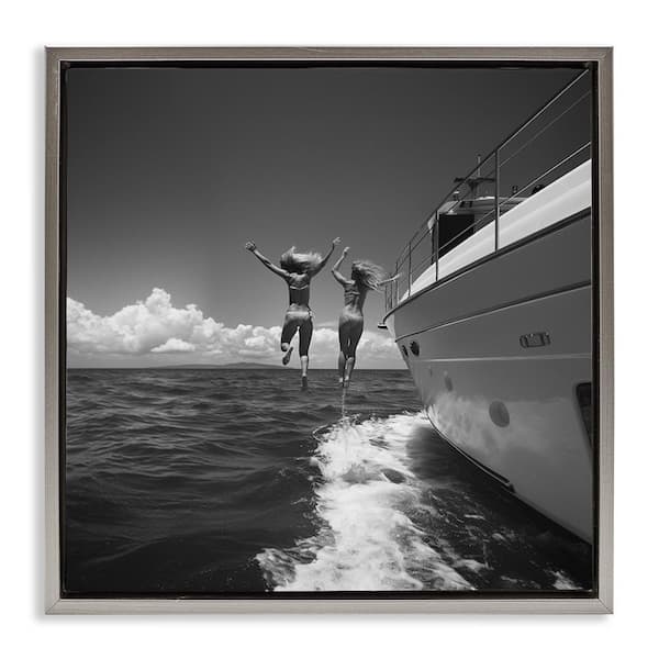 Jumping Into Ocean by LSR Design Studio Gray Floater Frame People Graphic Art Print 18 in. x 18 in.
