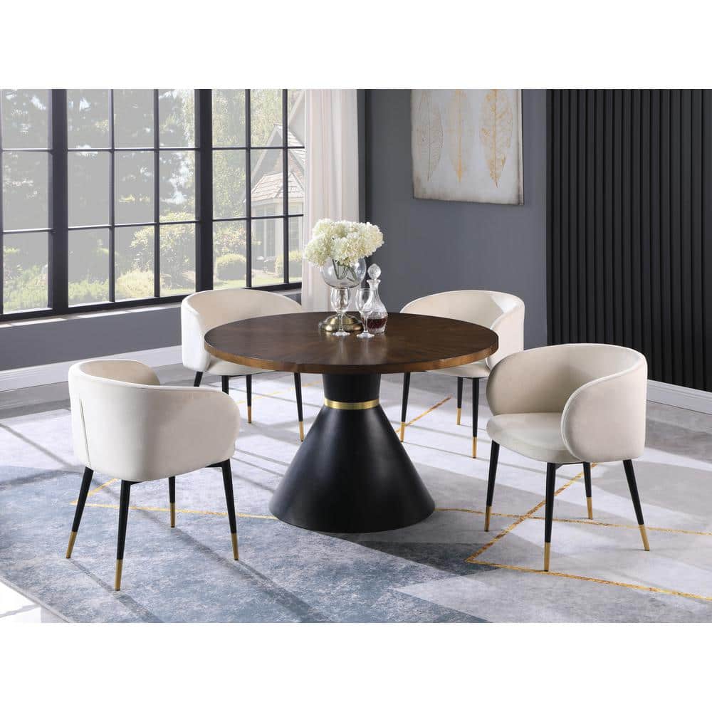 Cream Velvet Upholstered Side Chair with Black and Gold Legs
