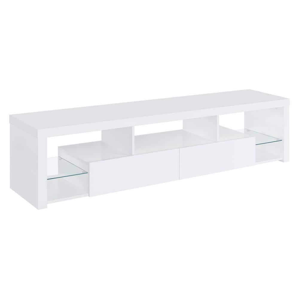 Jude White High Gloss TV Stand with Glass Shelves and Cabinet