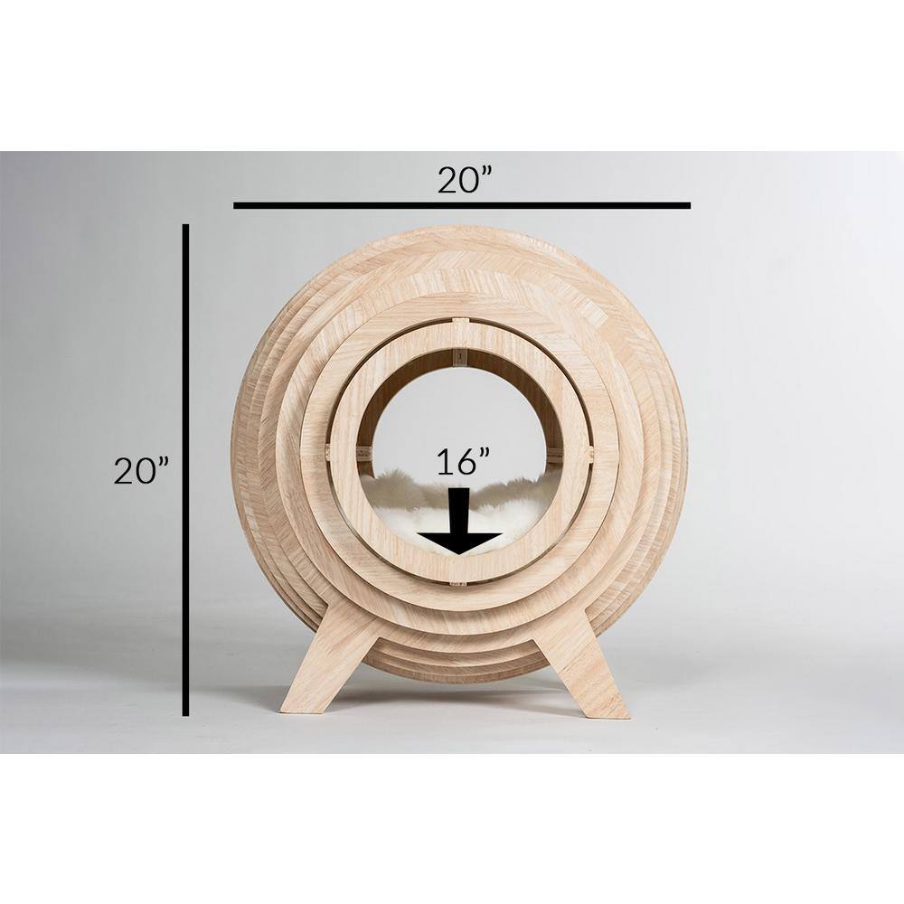 Medium Beige Wooden Sphere Cat Bed with Faux Fur Cushion