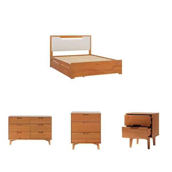 Sloane Caramel Brown Mid Century Queen Bed with 2 Drawers, 52 in. 6-Drawer Dresser, 30 in. 3-Drawer Chest and Nightstand