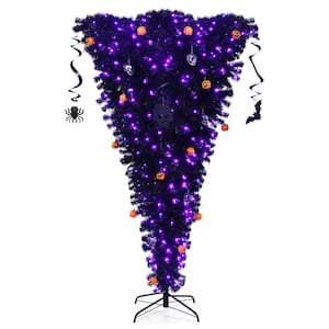 7 ft. Upside Down Halloween Artificial Christmas Tree Black with 400 Purple LED Lights