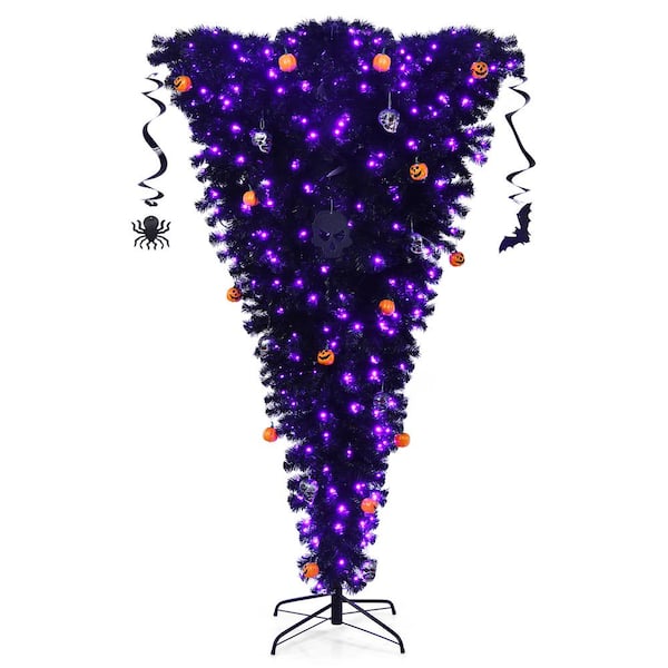 Costway 7 ft. Upside Down Halloween Artificial Christmas Tree Black with 400 Purple LED Lights