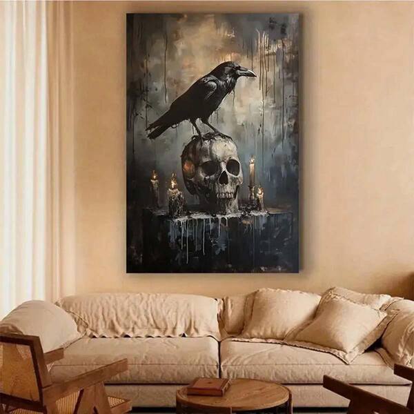 Wooden Framed Canvas Wall Art, 36 x 24, Crow on Skull with Candles
