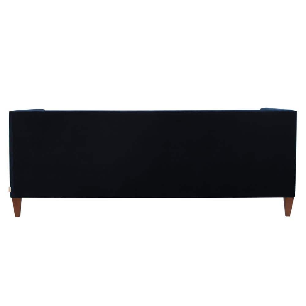 Dark Navy Blue Velvet Tufted Tuxedo Settee with Wood Legs