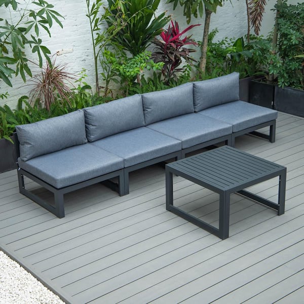 Chelsea Black 5-Piece Aluminum Patio Conversation Set with Blue Cushions