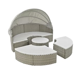 Gray PE Rattan Wicker Outdoor Round Outdoor Sectional Sofa Set Rattan Daybed with Retractable Canopy and Cushion