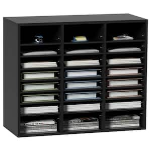 Wood Literature Organizer, 24-Compartments, File Sorter with Removable Shelves, Mailboxes Slot Organization, Black