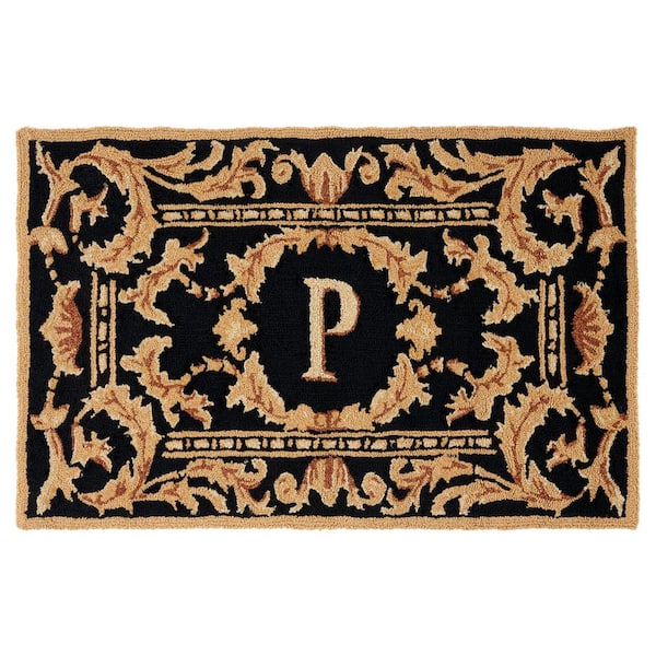 Monogram Black 3 ft. x 4 ft. "P" Ornate Leaf Indoor/Outdoor Area Rug