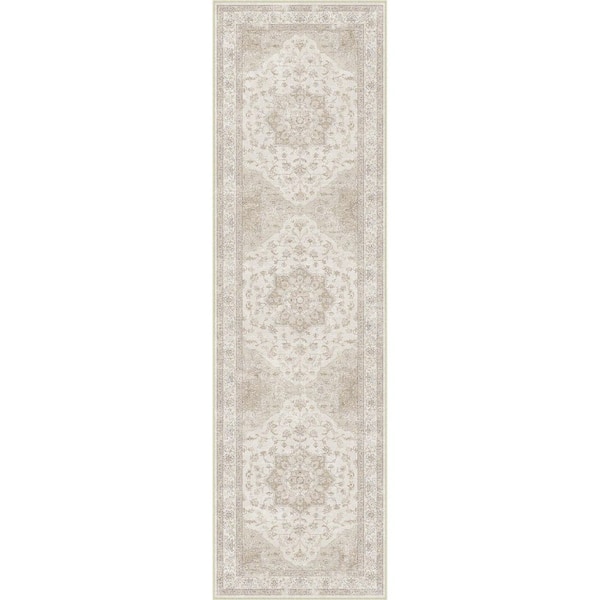 Baykal Taupe 2 ft. x 8 ft. Vintage Washable Medallion Distressed Runner Rug