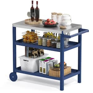 Outdoor Prep Cart Dining Table Patio Grilling Backyard BBQ Grill Cart for Pizza Oven in Navy Blue