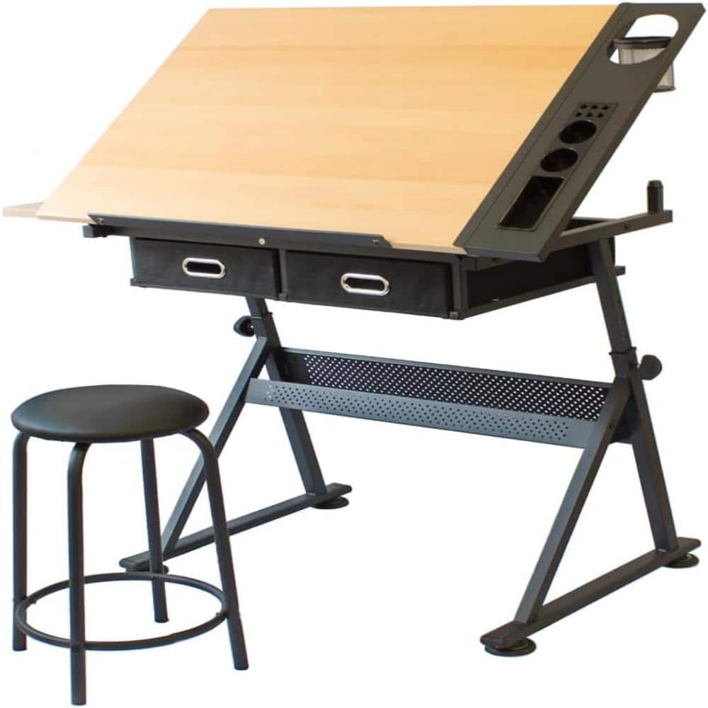 Light Wood Drafting Table Adjustable Workbench 0-75° Tilting Top with 2 Drawers & Stool for Art Drawing, Home Office price history on PriceWatchPro