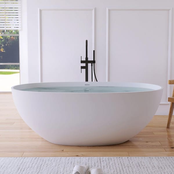 MEDUNJESS Eaton 61 in. x 30 in. Stone Resin Solid Surface Matte Flatbottom Freestanding Soaking Bathtub in White