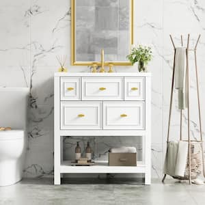 29.56 in. W x 17.79 in. D x 33 in. H Single Sink Freestanding Bath Vanity in White with White Resin Top and Storage