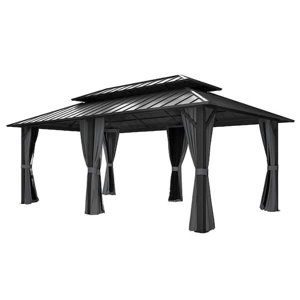 12 ft. x 20 ft. Gray Double Roof Hardtop Patio Gazebo with Netting and Curtains