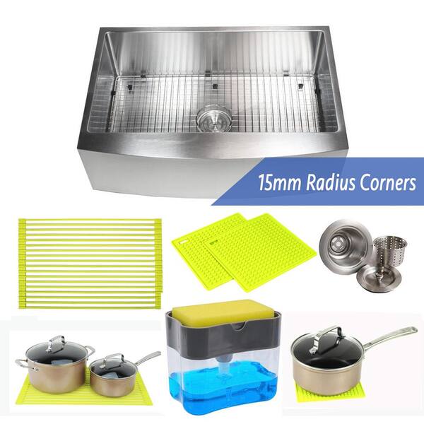 eModernDecor 33 in. x 21 in. x 10 in. Premium 16-Gauge Stainless Steel Farmhouse Apron Single Bowl Kitchen Sink Combo W/ Accessories