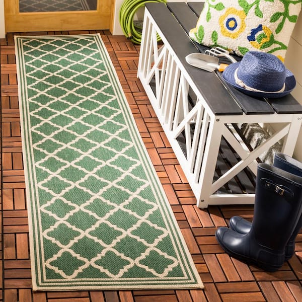 Beach House Green/Cream 2 ft. x 8 ft. Trellis Indoor/Outdoor Patio  Runner Rug