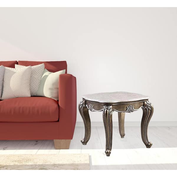 HomeRoots 28 in. Antiqued Bronze Square Marble End Table