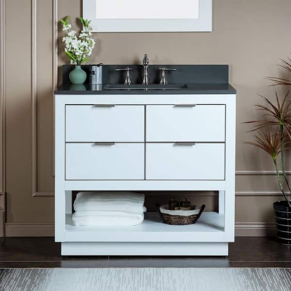 WOODBRIDGE Venice 37 in.W x 22 in.D x 38 in.H Bath Vanity in White with Engineered stone Vanity Top in Dark Gray with White Sink