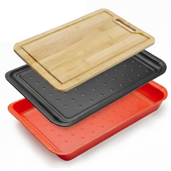 Black and Red Melamine Grill Prep and Serving Tray Set with Bamboo Cutting Board, Stackable, Heat-Resistant, 3pcs