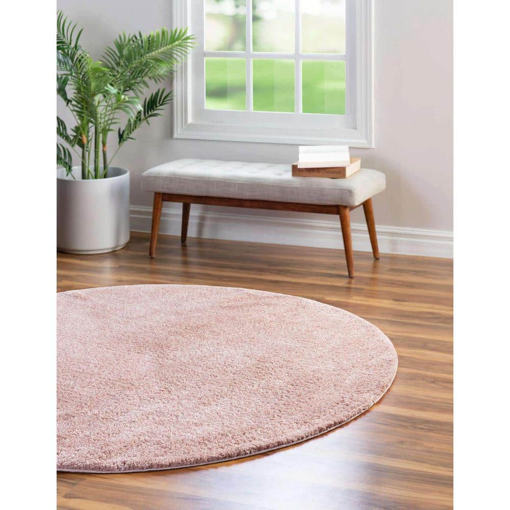 Pink Round Shag Synthetic Easy Care Rug