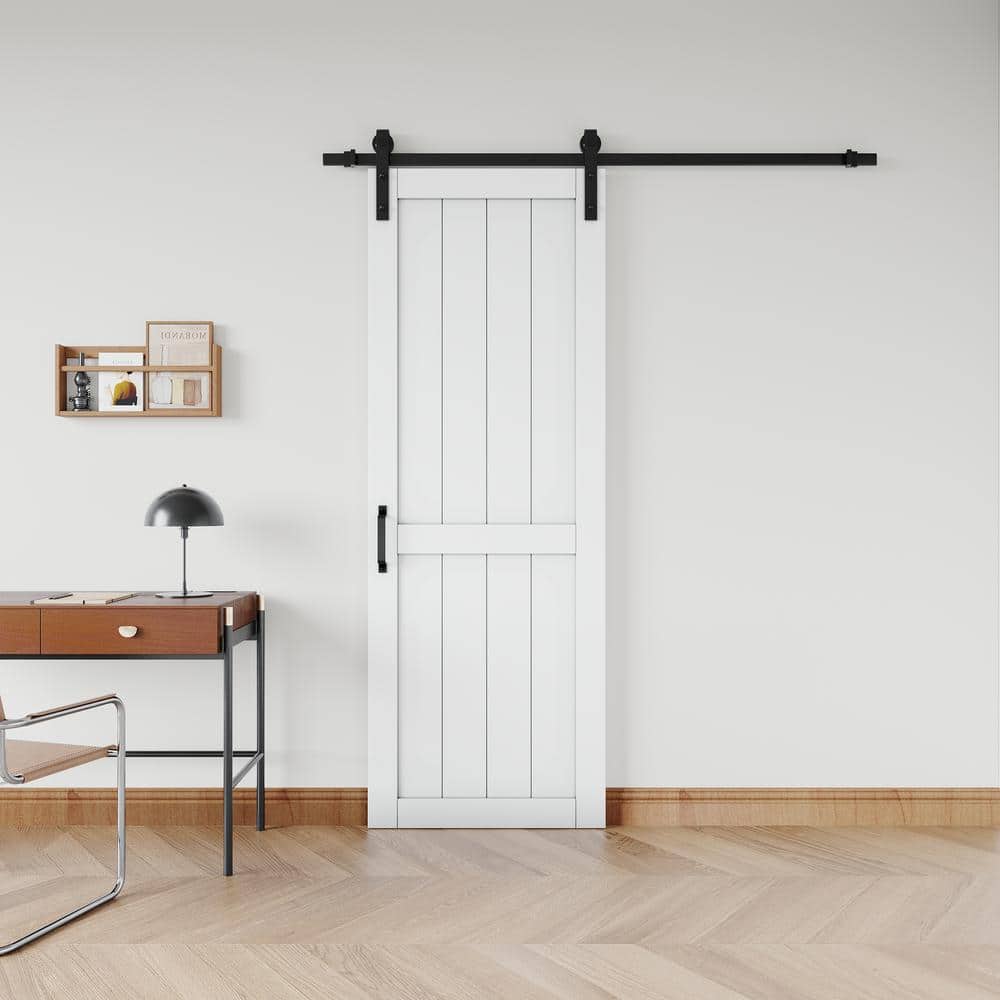 White 30" x 84" Primed MDF Barn Door Kit with Black Hardware