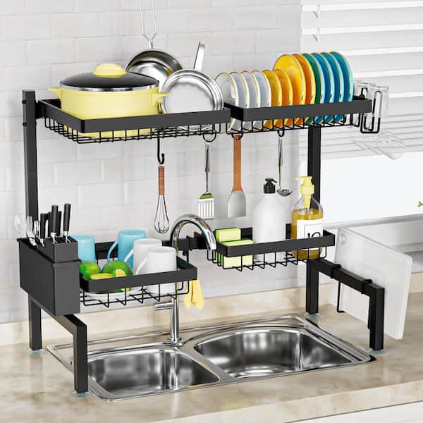 Black Over the Sink 2-Tier Adjustable Extensible Dish Rack Large Space-Saving Kitchen Drying Storage Organizer