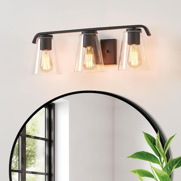 KAWOTI 22.25 in. 3-Light Painted Black Vanity Light with Clear Glass Shade