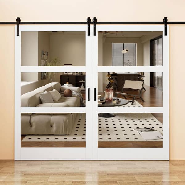 96 in. x 84 in. 3-Lite Mirrored Glass White Finished Solid Core MDF Barn Door Slab with Barn Door Hardware Kit