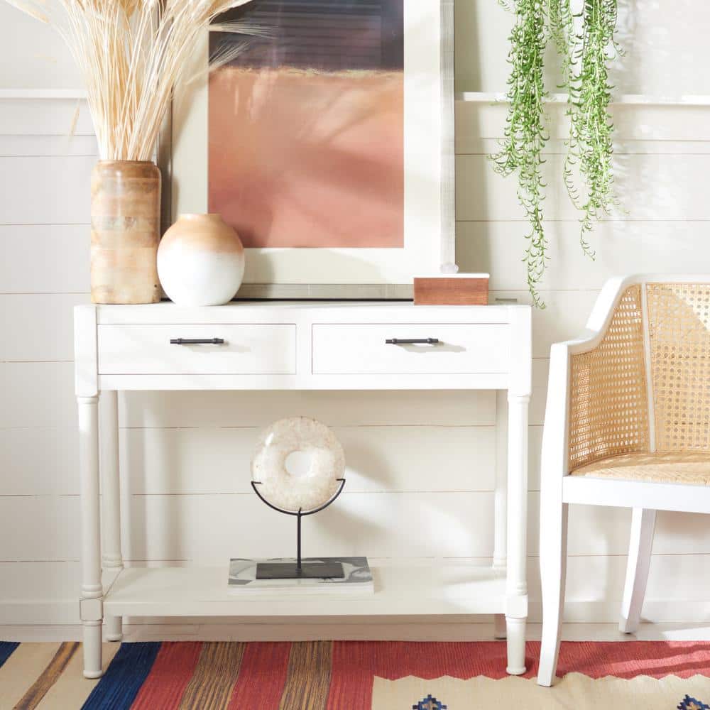 Elegant Distressed White Wood & Metal Console Table with Storage