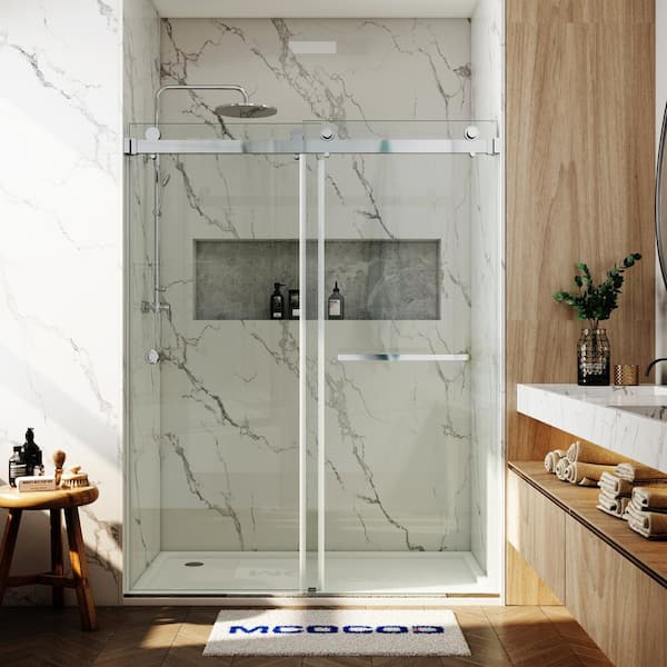 MCOCOD 56-61 in. W x 72 in. H Double Sliding Frameless Smooth Sliding Shower Door in Chrome with 3/8 in. Clear Glass