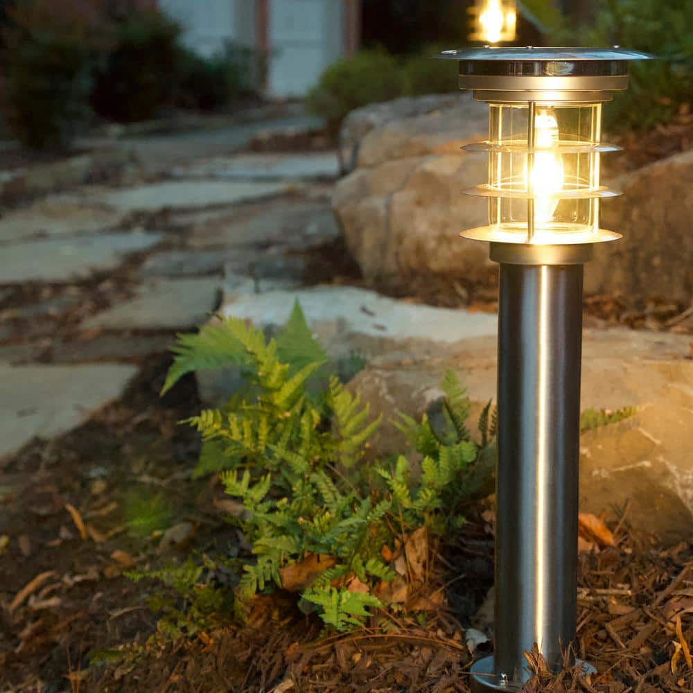 Stainless Steel Silver LED Solar Pathway Bollard Lights, Set of 2