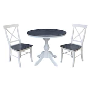 Set of 3-pcs - White/Heather Gray 36 in. Round Extension Pedestal Dining table with 2 RTA chairs
