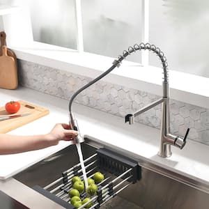 Single Handle Deck Mount Gooseneck Pull Down Sprayer Kitchen Faucet with Handles in Brushed Nickel