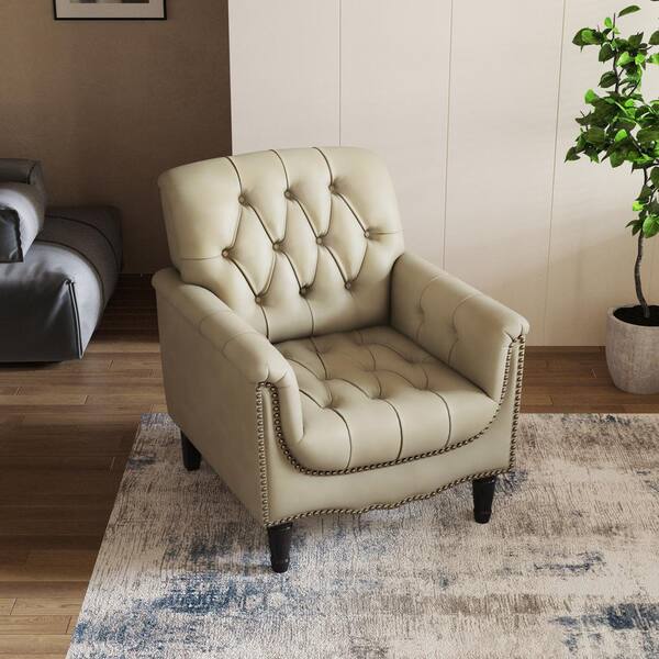 Uixe Mid-Century Beige Faux Leather Button Tufted Accent Arm
