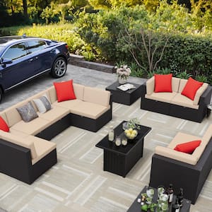 Luxury 13-Piece Fire Pit Patio Sets Outdoor Conversation Set with Beige Cushions