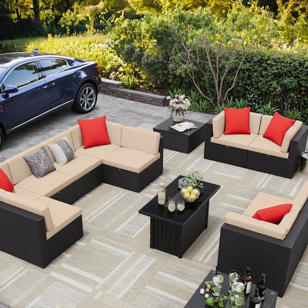 Tozey Luxury 13-Piece Fire Pit Patio Sets Outdoor Conversation Set with Beige Cushions