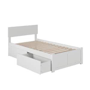 Orlando White Twin XL Solid Wood Storage Platform Bed with Flat Panel Foot Board and 2 Bed Drawers