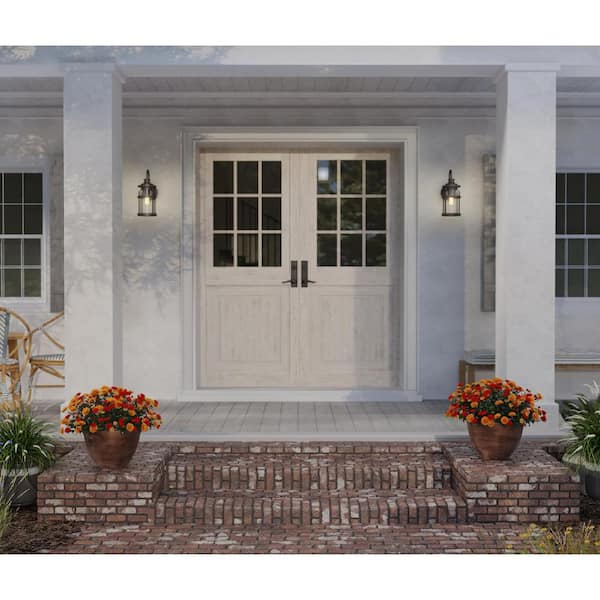 Haslett Collection 1-Light Antique Pewter Clear Seeded Glass Farmhouse Outdoor Medium Wall Lantern Light