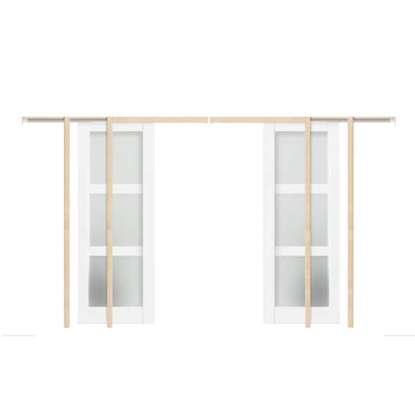 TENONER 60 in. x 80 in. Double 30 in. W Door 3 Lite Tempered Frosted GlassPanel MDF White Primed Pocket Door Frame with Hardware