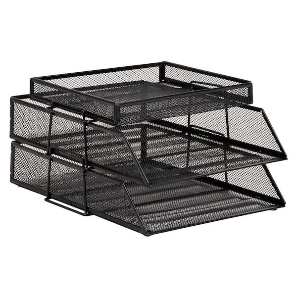 2 Tier Paper Tray with Top Supply Compartment, Desktop File Organizer, Metal Mesh, Black