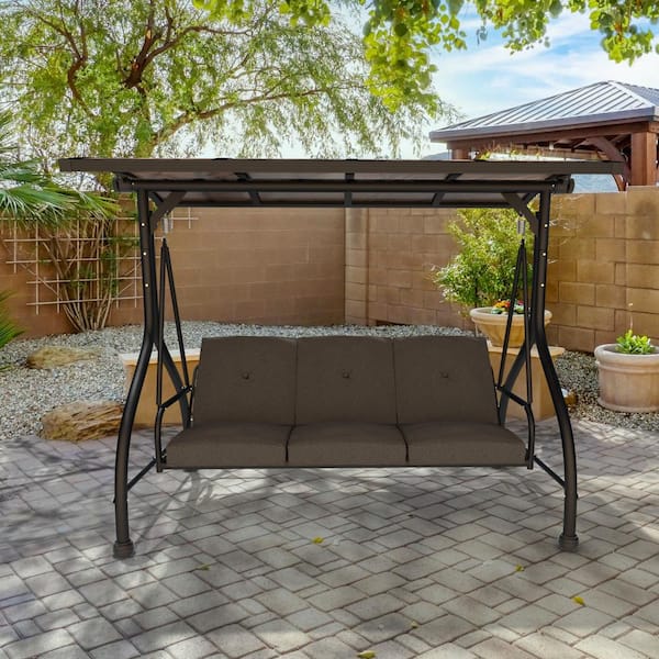 VEIKOUS 3-Person Metal Patio Swing Outdoor with Adjustable Polycarbonate Canopy, Dark Gray