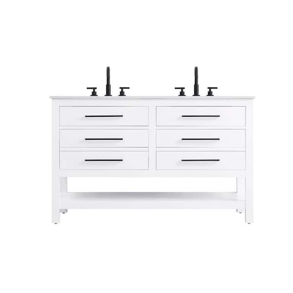 54 in. Double Sink White Bath Vanity with White Engineered Marble Top