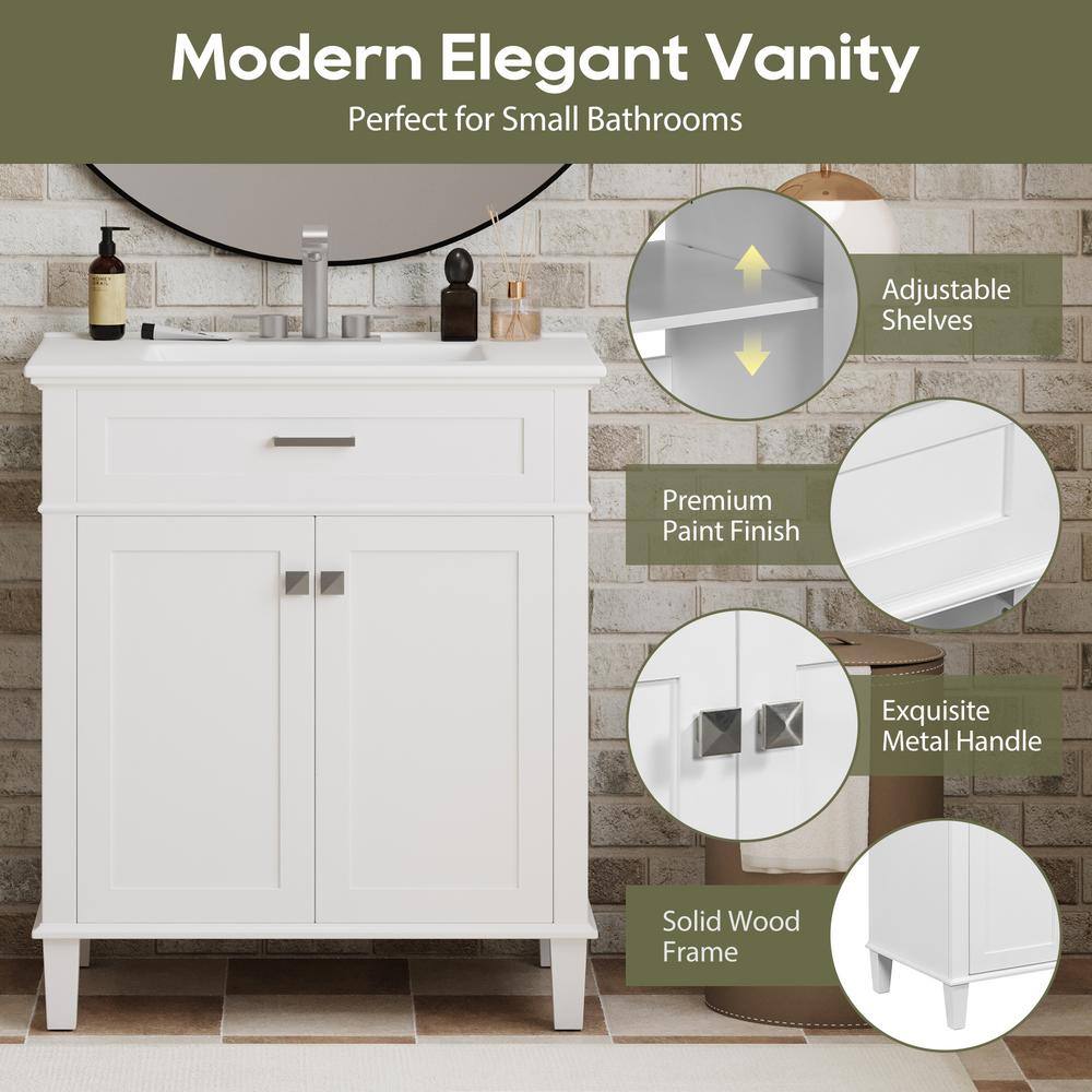 30-Inch White MDF Freestanding Bathroom Vanity with Ceramic Basin