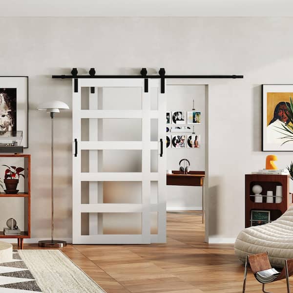 88 in. x 84 in. 5-Lite Frosted Glass White Primed MDF Bypass Assembly Required Sliding Barn Door with Hardware Kit